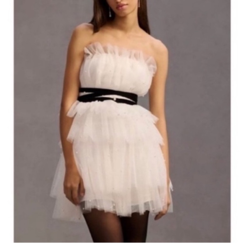 Maeve White Strapless Tiered Tulle Cocktail Mini Dress by Anthropologie - Picture 5 of 11